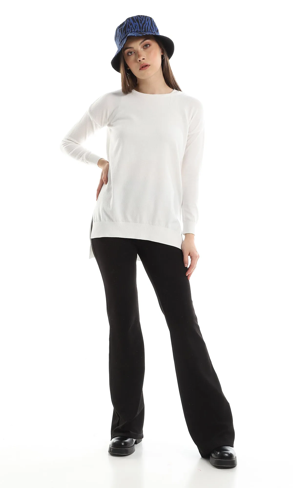 98410 High Low Round Neck Ribbed Pullover - Off White