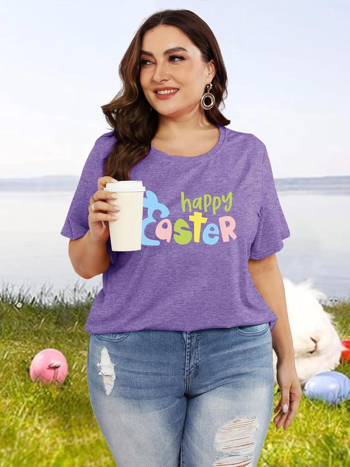 Anbech Plus Size Tshirt for Women Crewneck Graphic Tees Summer Outfits Short Sleeve Casual Shirt