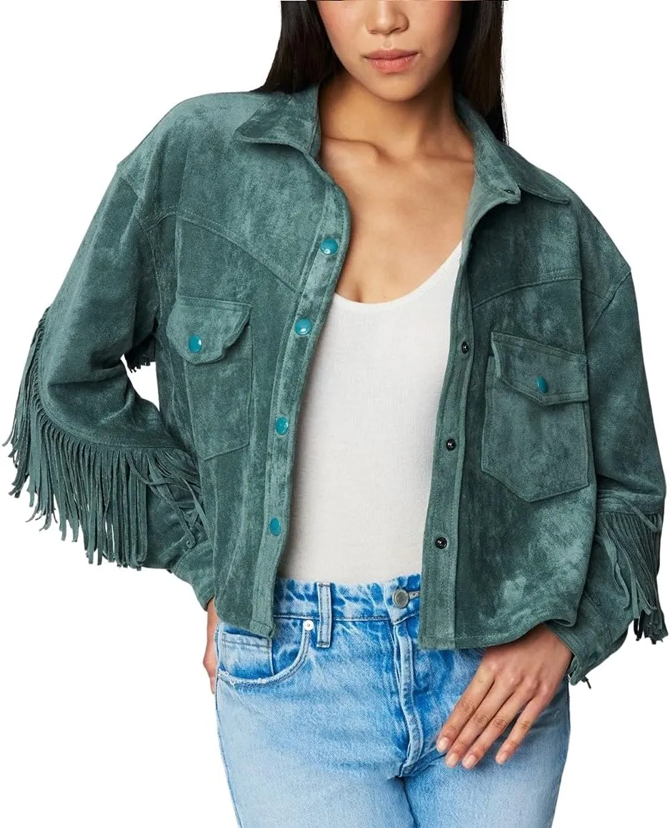 [BLANKNYC] womens Luxury Clothing Faux Suede Fringe Shirt Jacket, Comfortable & Stylish Coat