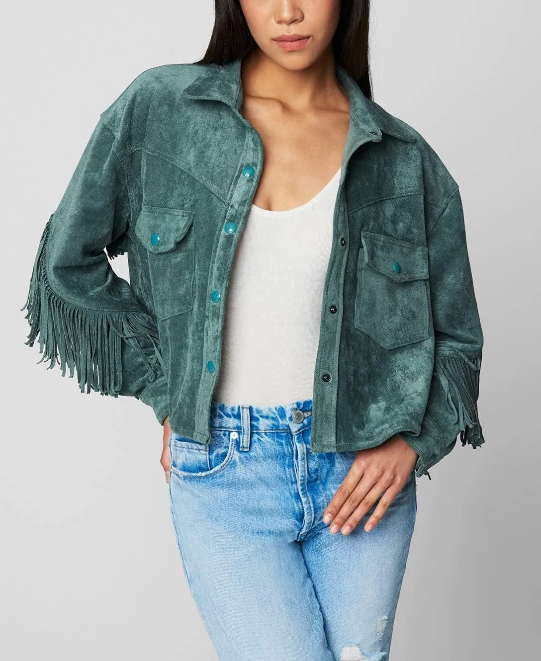 [BLANKNYC] womens Luxury Clothing Faux Suede Fringe Shirt Jacket, Comfortable & Stylish Coat