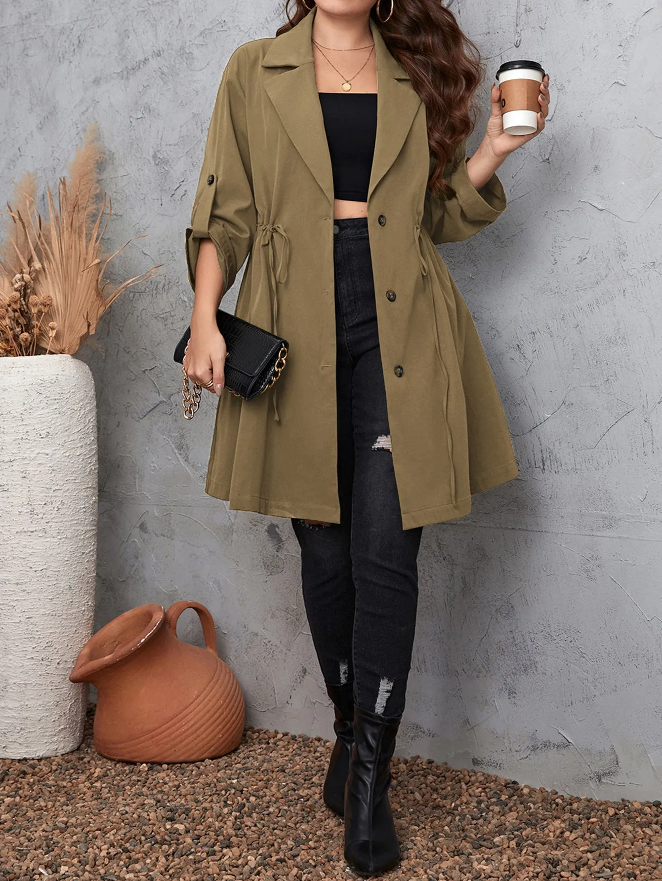 Blazer Collar Plus Size Jackets Mid-Length Solid Color Cardigan Wholesale Womens Clothing N3824080300061