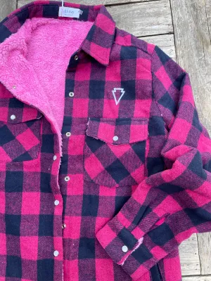 BUFFALO PLAID SHERPA-LINED JACKET- pink/navy