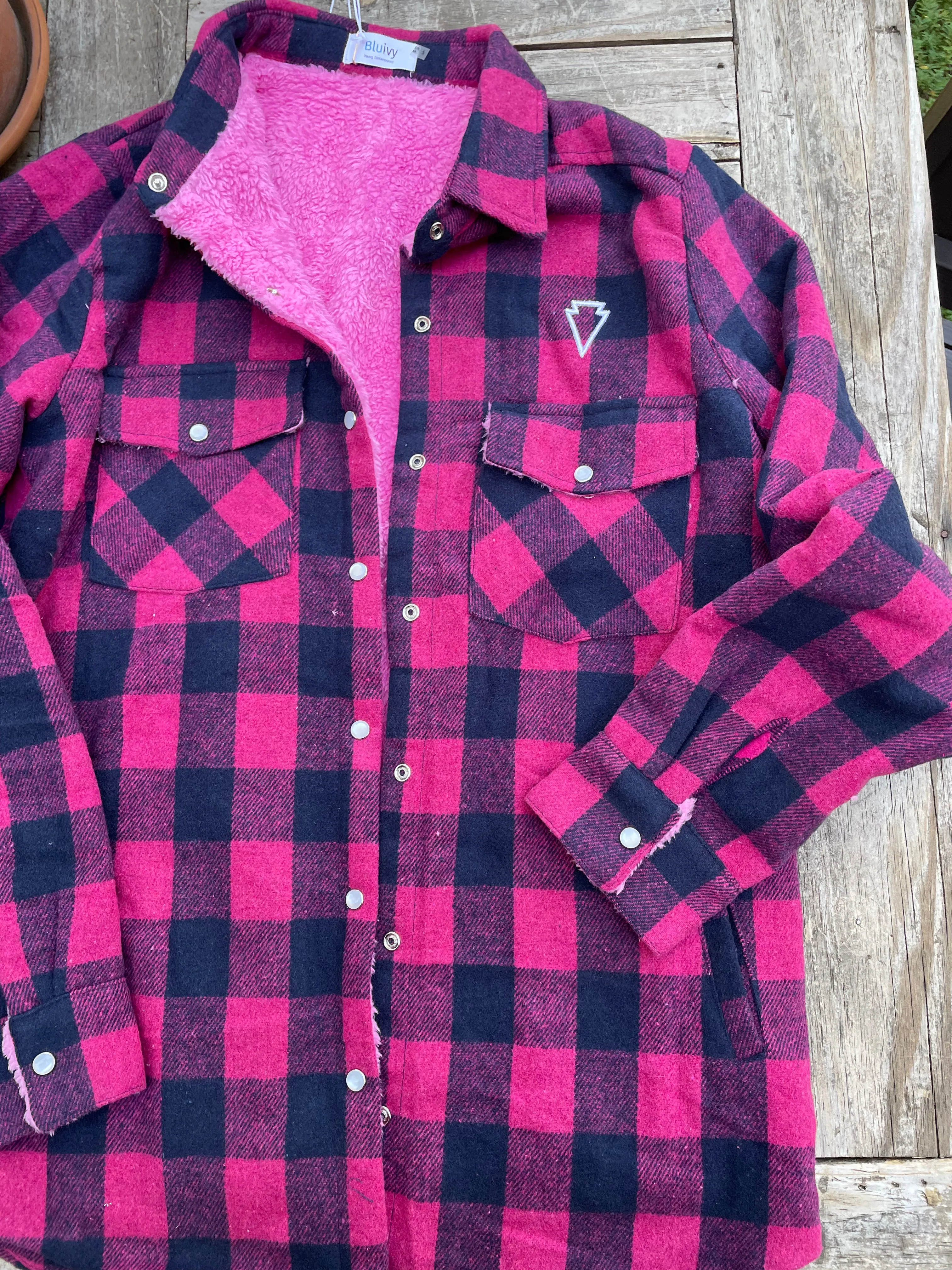 BUFFALO PLAID SHERPA-LINED JACKET- pink/navy