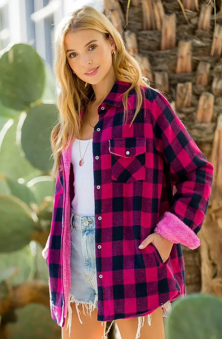 BUFFALO PLAID SHERPA-LINED JACKET- pink/navy