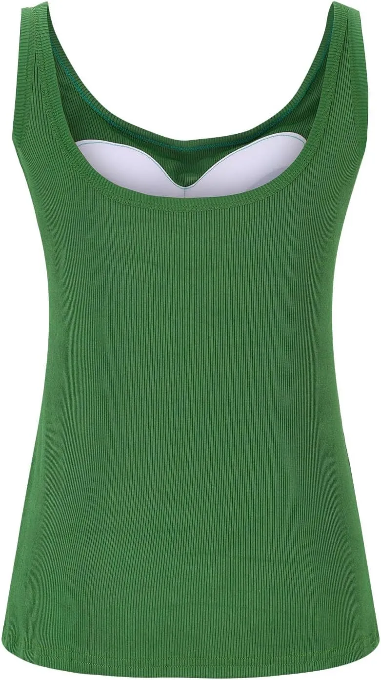 Built in Bra Tank Tops for Women 2024 Summer Casual Ribbed Knit Camisole U Neck Sleeveless Padded Workout Tops