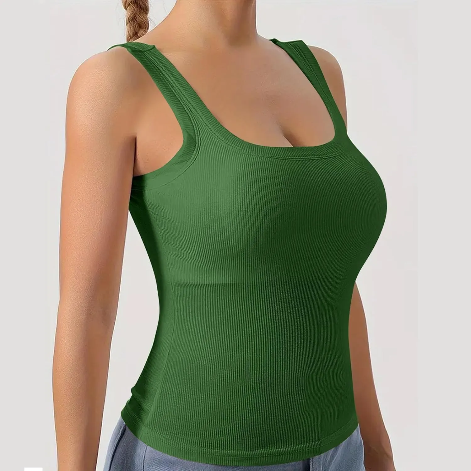 Built in Bra Tank Tops for Women 2024 Summer Casual Ribbed Knit Camisole U Neck Sleeveless Padded Workout Tops