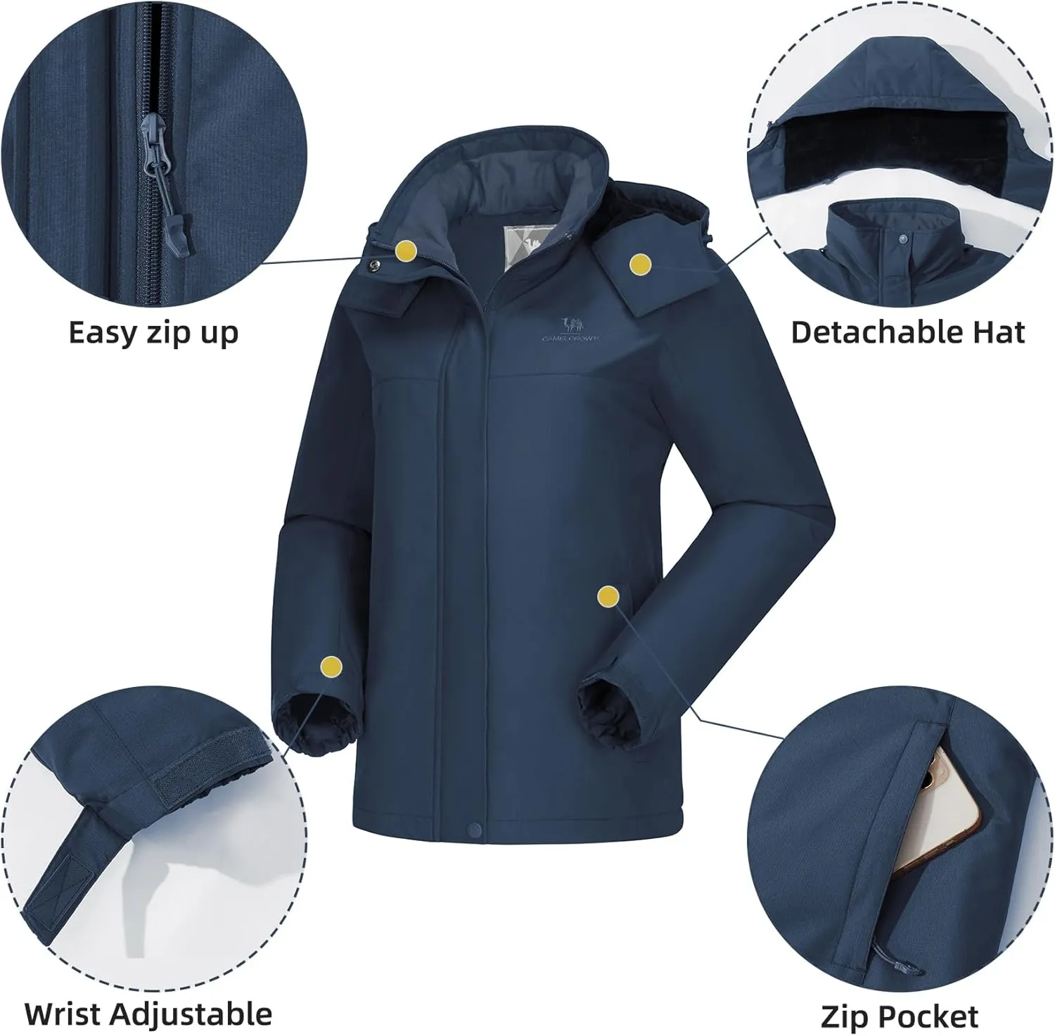 CAMEL CROWN Women's Ski Jacket Winter Snow Coat Warm Fleece Mountain Waterproof Female Jacket Snowboarding jackets
