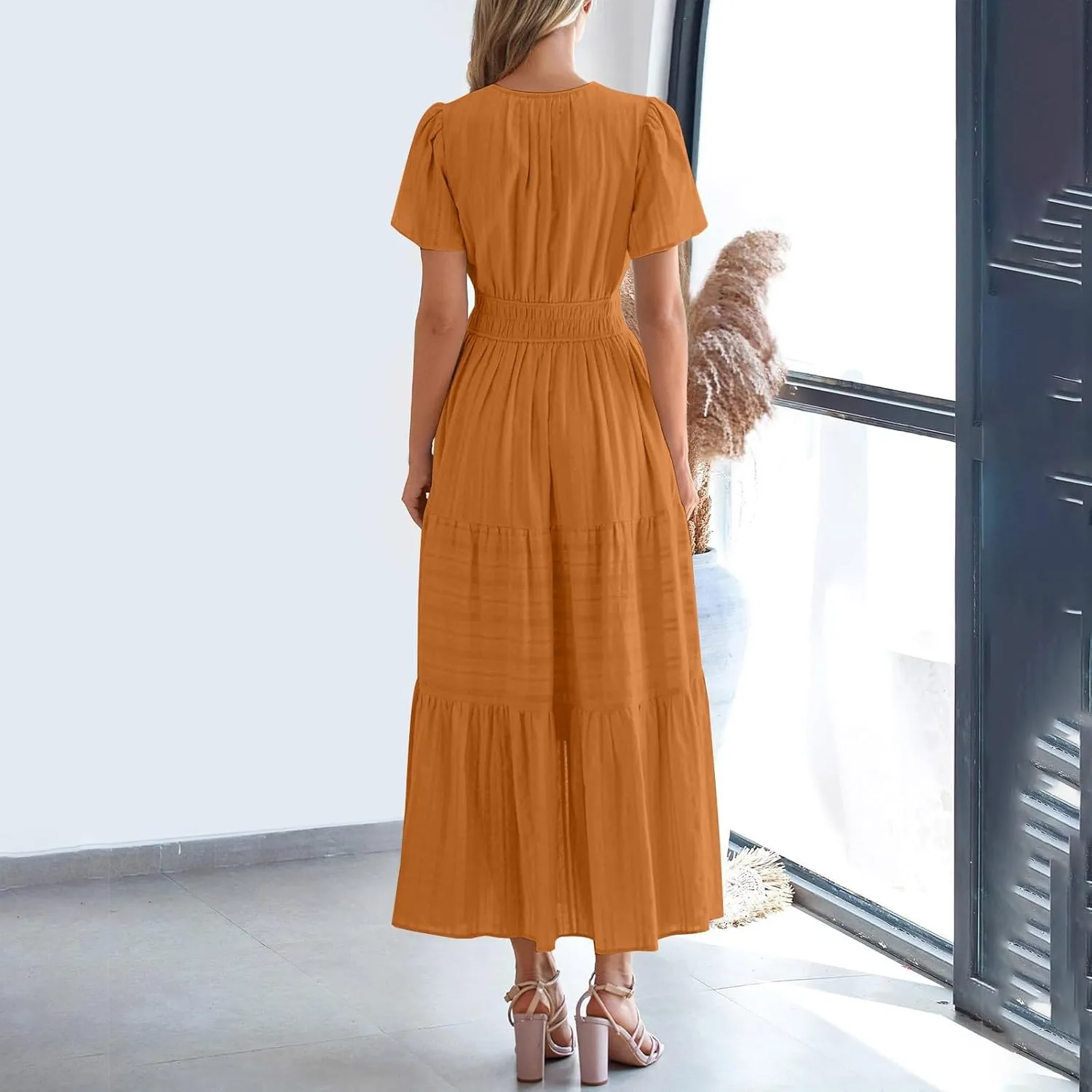 Casual Dresses for Women 2025 High Waisted Summer Vacation Dress Short Sleeve V Neck Holiday Midi Dresses