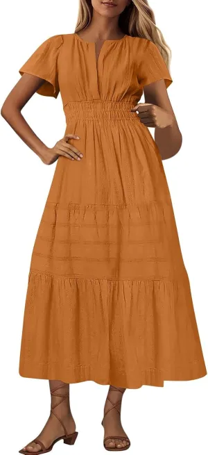 Casual Dresses for Women 2025 High Waisted Summer Vacation Dress Short Sleeve V Neck Holiday Midi Dresses