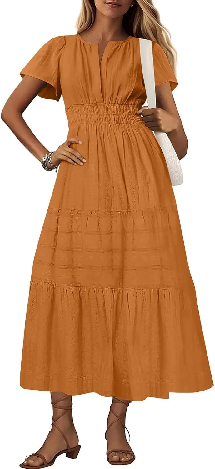 Casual Dresses for Women 2025 High Waisted Summer Vacation Dress Short Sleeve V Neck Holiday Midi Dresses