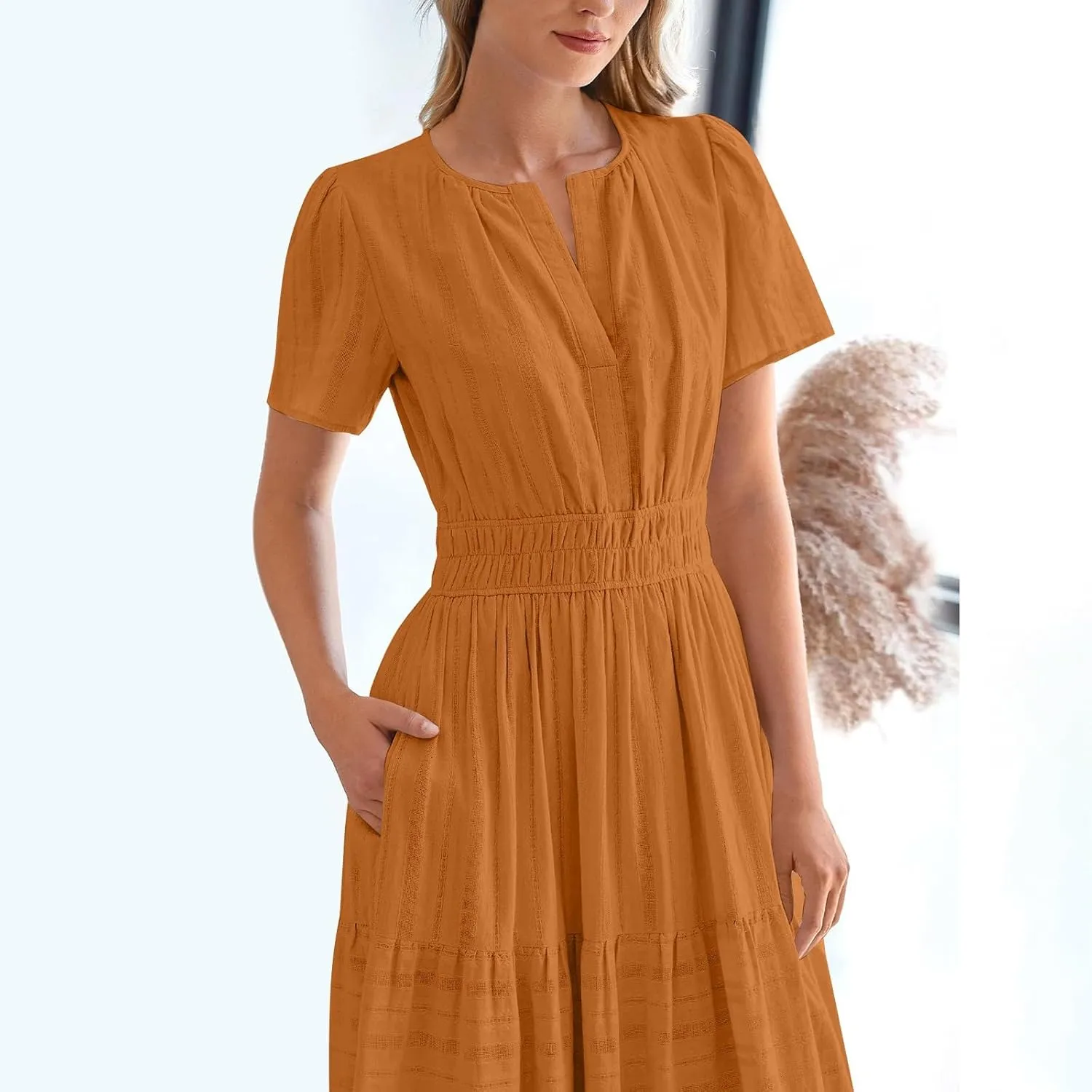 Casual Dresses for Women 2025 High Waisted Summer Vacation Dress Short Sleeve V Neck Holiday Midi Dresses