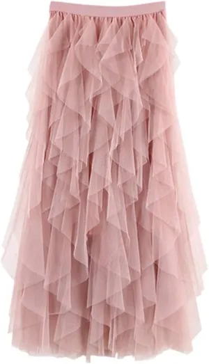 Casual Womens Comfortable Tulle High Waist Pleated Tutu Skirt Ladies Midi Skirt Band Skirt