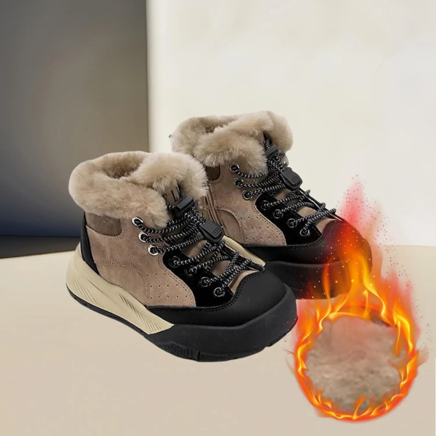 Childrens Fuzzy Booties Lace-Up Cotton Thick Shoes Boys Kids Outdoor Ski Snow Boots Warm Comfy Non Slip Winter Ankle