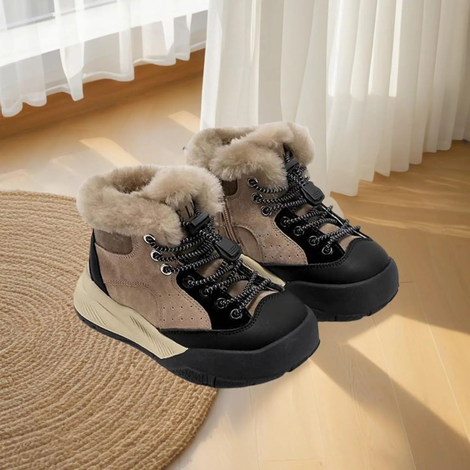 Childrens Fuzzy Booties Lace-Up Cotton Thick Shoes Boys Kids Outdoor Ski Snow Boots Warm Comfy Non Slip Winter Ankle