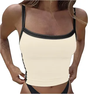 Color Block Tank Tops Women Sleeveless Crop Camisole Casual Slim Cropped Y2k Shirts Trendy Summer Square Neck Tees