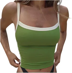 Color Block Tank Tops Women Sleeveless Crop Camisole Casual Slim Cropped Y2k Shirts Trendy Summer Square Neck Tees