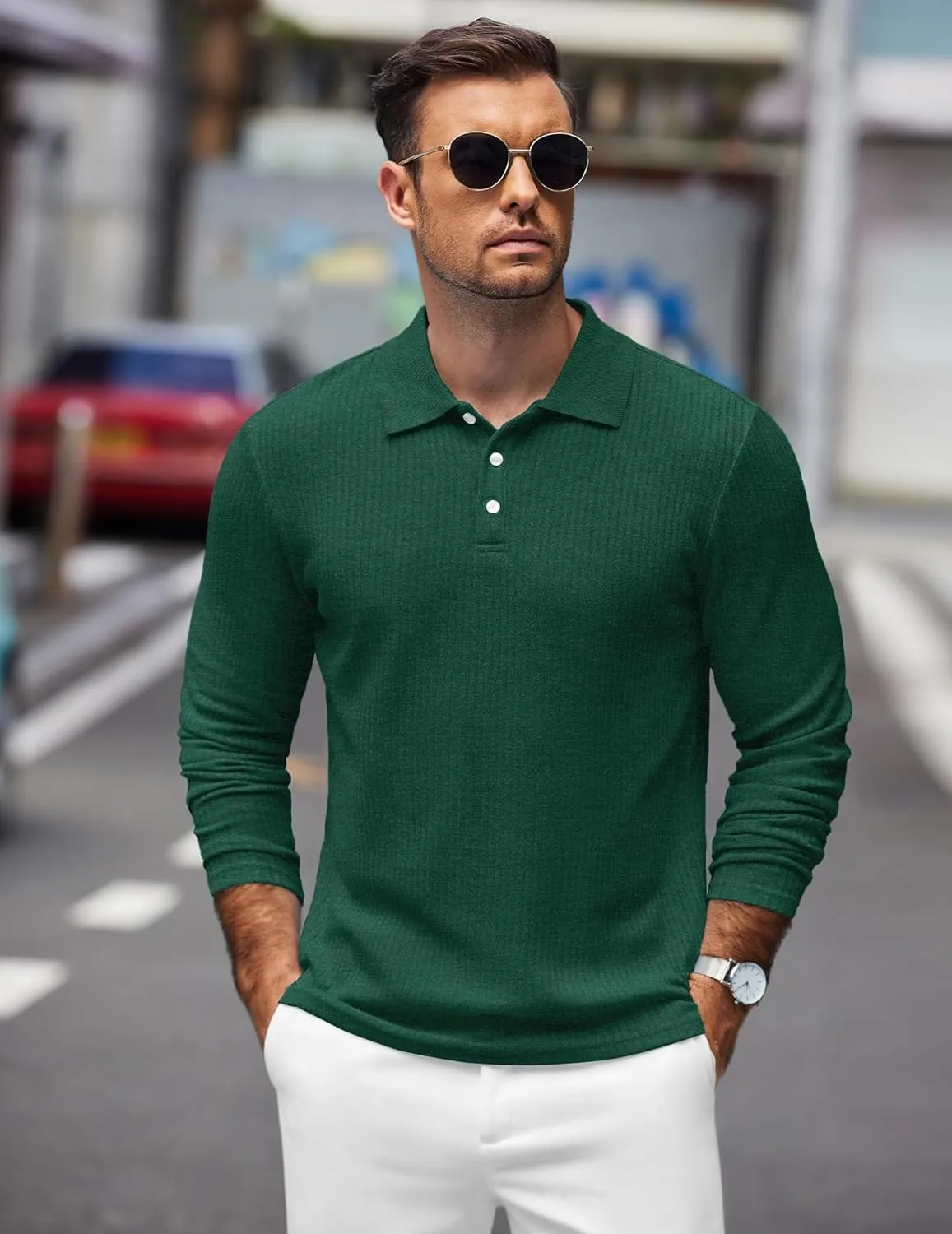 COOFANDY Men's Stretch Muscle Tshirts Long Sleeve Knit Tees Casual Slim Fit Polo Shirts