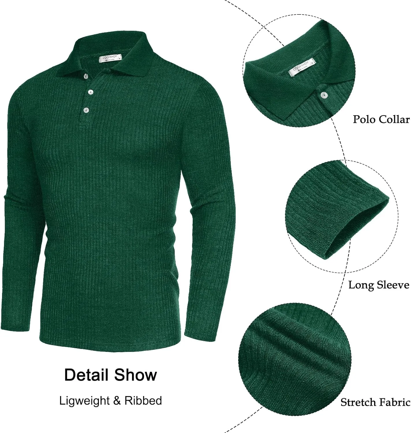 COOFANDY Men's Stretch Muscle Tshirts Long Sleeve Knit Tees Casual Slim Fit Polo Shirts