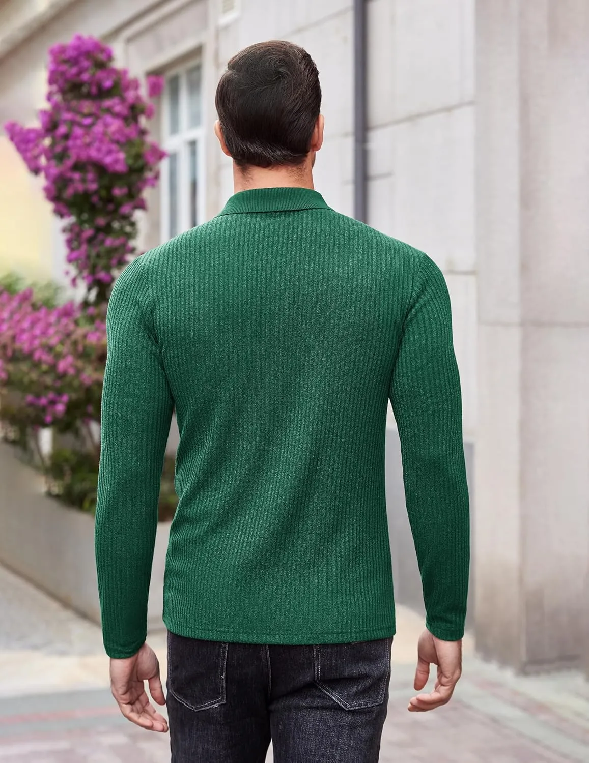 COOFANDY Men's Stretch Muscle Tshirts Long Sleeve Knit Tees Casual Slim Fit Polo Shirts