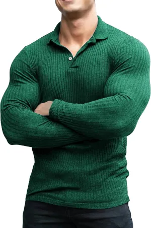 COOFANDY Men's Stretch Muscle Tshirts Long Sleeve Knit Tees Casual Slim Fit Polo Shirts