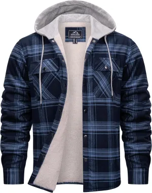 Cotrasen Mens Flannel Jacket Cotton Heavy Thick Sherpa Fleece Lined Plaid Shirt Jackets Warm Button Up Winter Coats with Hood