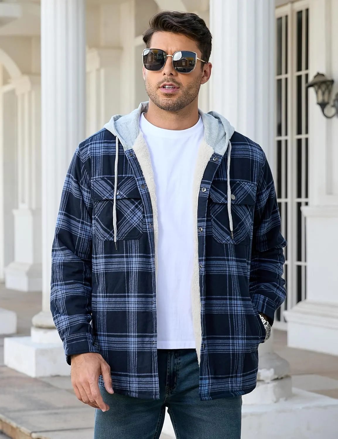 Cotrasen Mens Flannel Jacket Cotton Heavy Thick Sherpa Fleece Lined Plaid Shirt Jackets Warm Button Up Winter Coats with Hood