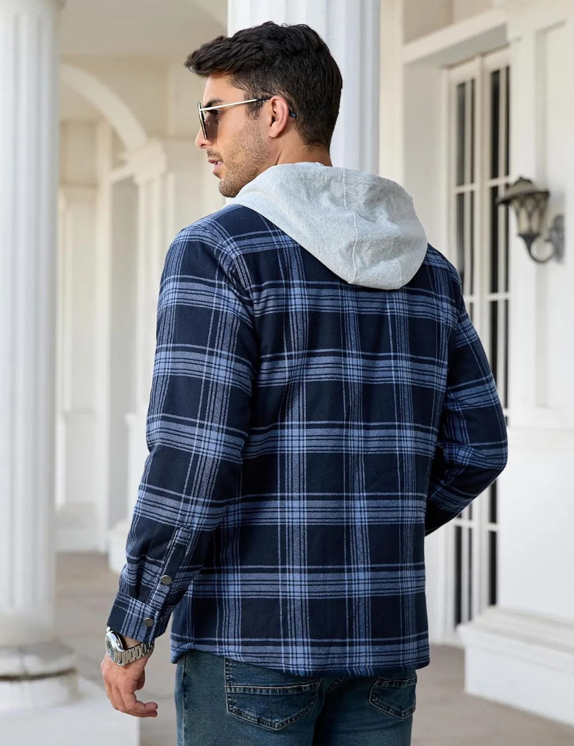 Cotrasen Mens Flannel Jacket Cotton Heavy Thick Sherpa Fleece Lined Plaid Shirt Jackets Warm Button Up Winter Coats with Hood