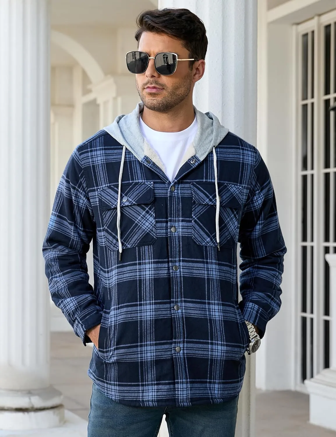 Cotrasen Mens Flannel Jacket Cotton Heavy Thick Sherpa Fleece Lined Plaid Shirt Jackets Warm Button Up Winter Coats with Hood