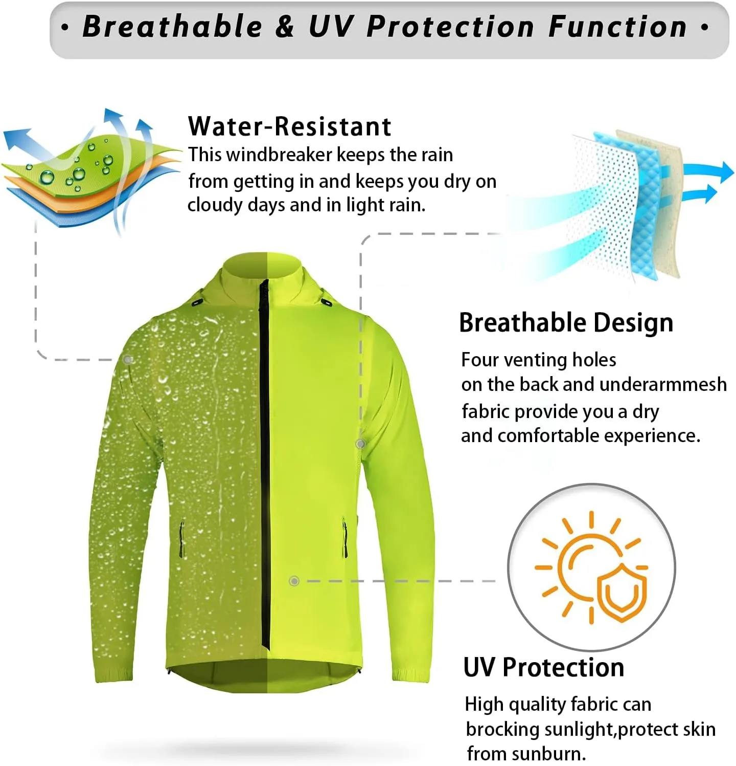 Dooy Men's Cycling Jacket with Detachable Sleeves Windbreaker Jackets Windproof Running Vest Lightweight and High Visibility