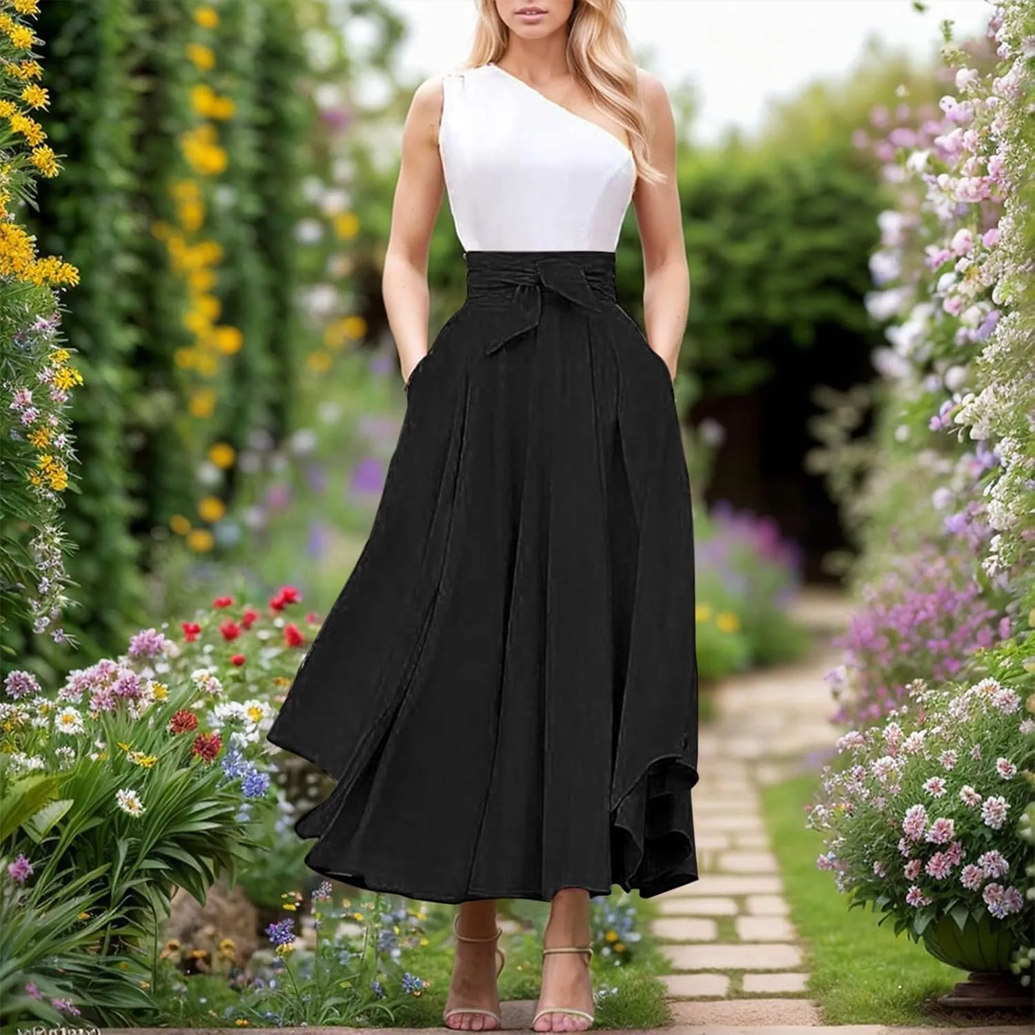 Elegant High Waist Skirt for Women Casual Bohemian Maxi Skirt with Pockets Asymmetrical Hem Skirts for Women Midi