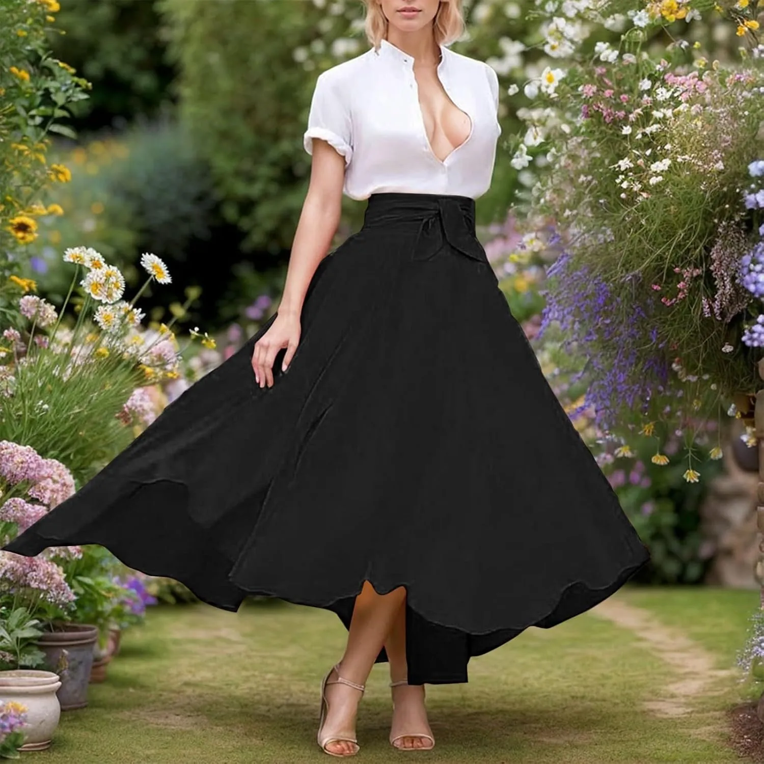 Elegant High Waist Skirt for Women Casual Bohemian Maxi Skirt with Pockets Asymmetrical Hem Skirts for Women Midi