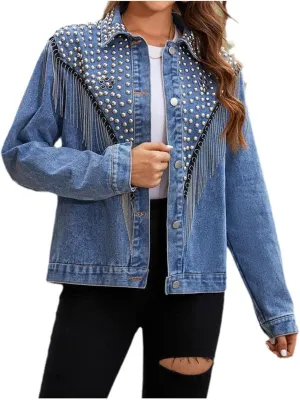 Firzero Womens Summer Tops Oversized Jean Jacket Trendy Long Sleeve Button Down Denim Jacket Western Work Jacket with Pockets