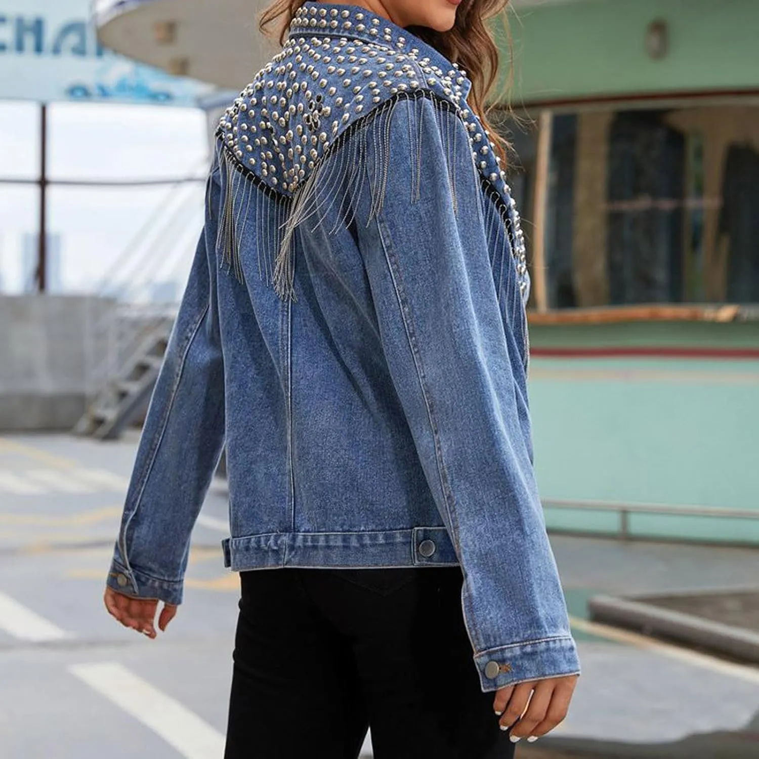 Firzero Womens Summer Tops Oversized Jean Jacket Trendy Long Sleeve Button Down Denim Jacket Western Work Jacket with Pockets
