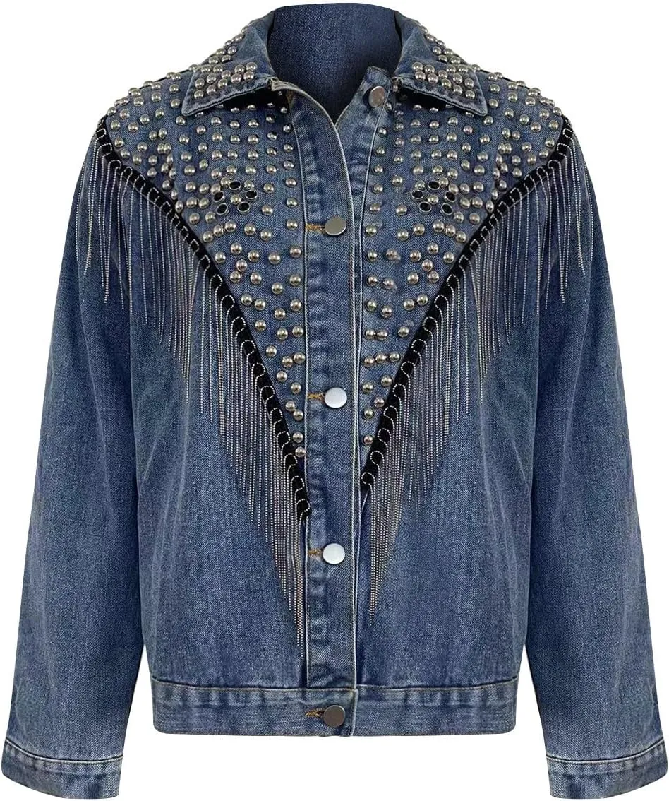 Firzero Womens Summer Tops Oversized Jean Jacket Trendy Long Sleeve Button Down Denim Jacket Western Work Jacket with Pockets