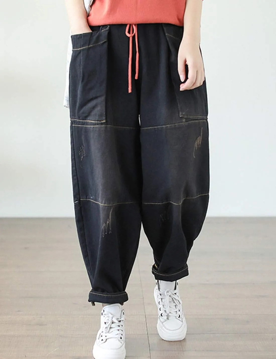 Flygo Women's Casual Distressed Jeans Elastic Waist Harem Pants Trouser