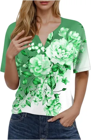 Graphic Tees for Women Vintage Floral Print Short Sleeve Button Down Shirts Casual Loose Boho Tops Bohemian Clothes