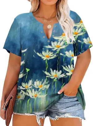 HDLTE Plus Size Shirts for Women Keyhole Floral Tops Casual Short Sleeve Sexy V Neck Summer Tees Shirt