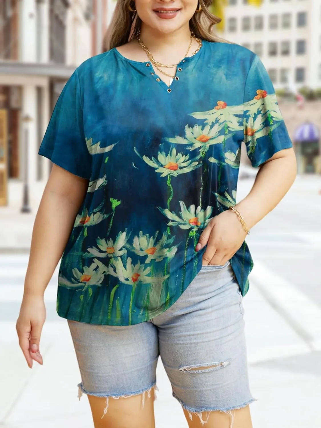 HDLTE Plus Size Shirts for Women Keyhole Floral Tops Casual Short Sleeve Sexy V Neck Summer Tees Shirt