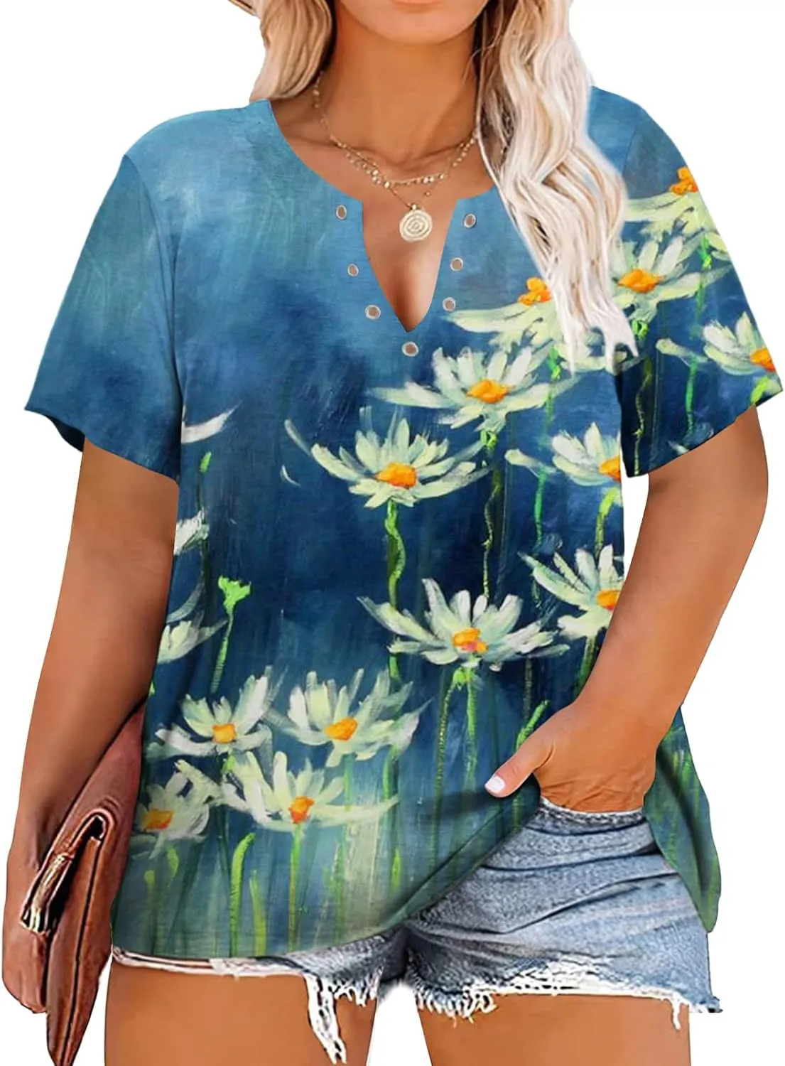 HDLTE Plus Size Shirts for Women Keyhole Floral Tops Casual Short Sleeve Sexy V Neck Summer Tees Shirt
