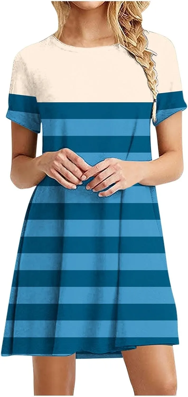 hlysgo Womens T-Shirt Dress Casual Loose Fit Stripes Going Out Dresses Summer Short Sleeve Crew Neck Mini Dress for Ladies