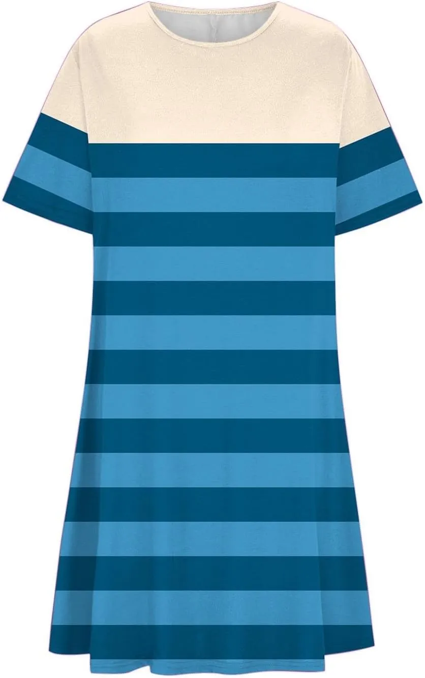 hlysgo Womens T-Shirt Dress Casual Loose Fit Stripes Going Out Dresses Summer Short Sleeve Crew Neck Mini Dress for Ladies