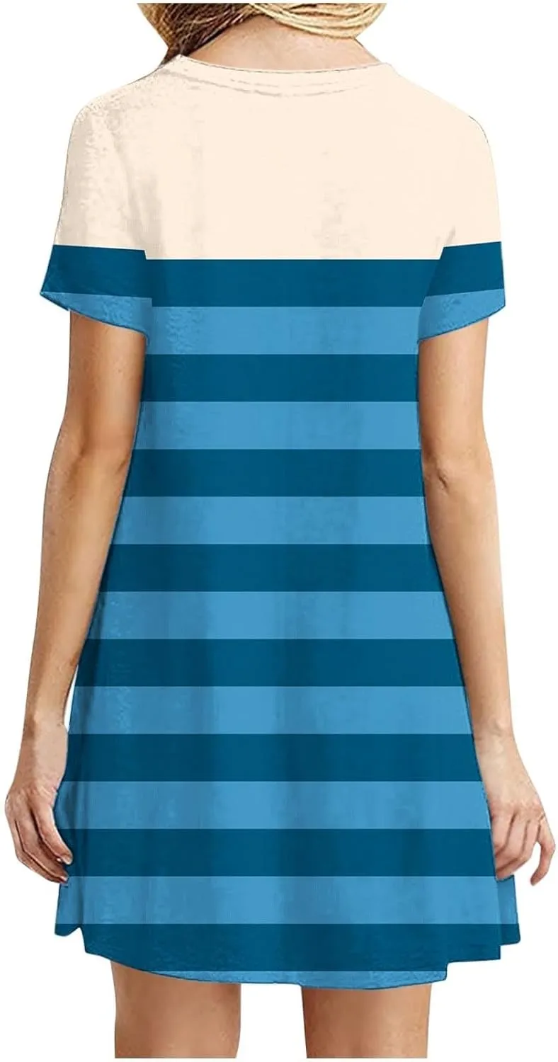 hlysgo Womens T-Shirt Dress Casual Loose Fit Stripes Going Out Dresses Summer Short Sleeve Crew Neck Mini Dress for Ladies