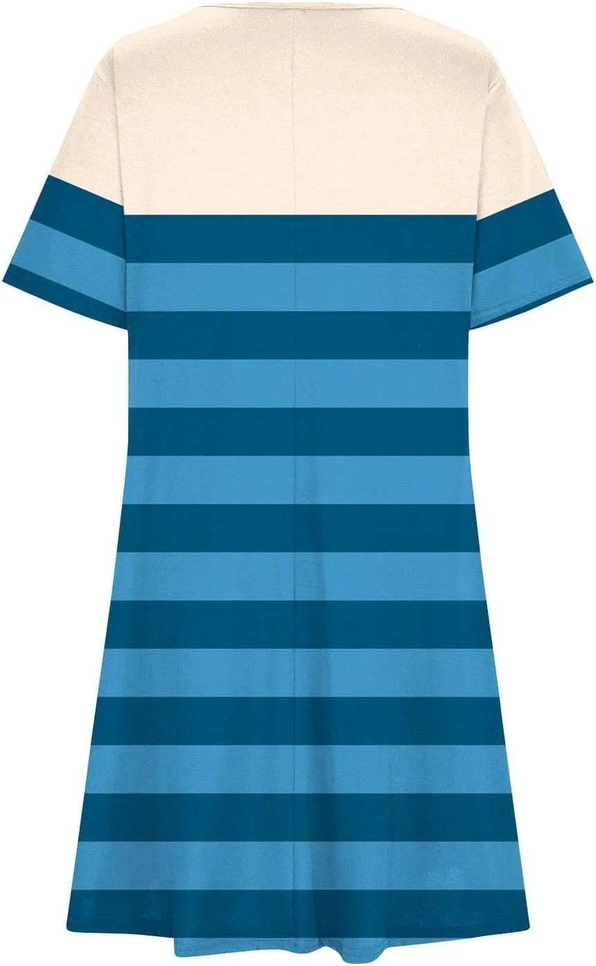 hlysgo Womens T-Shirt Dress Casual Loose Fit Stripes Going Out Dresses Summer Short Sleeve Crew Neck Mini Dress for Ladies