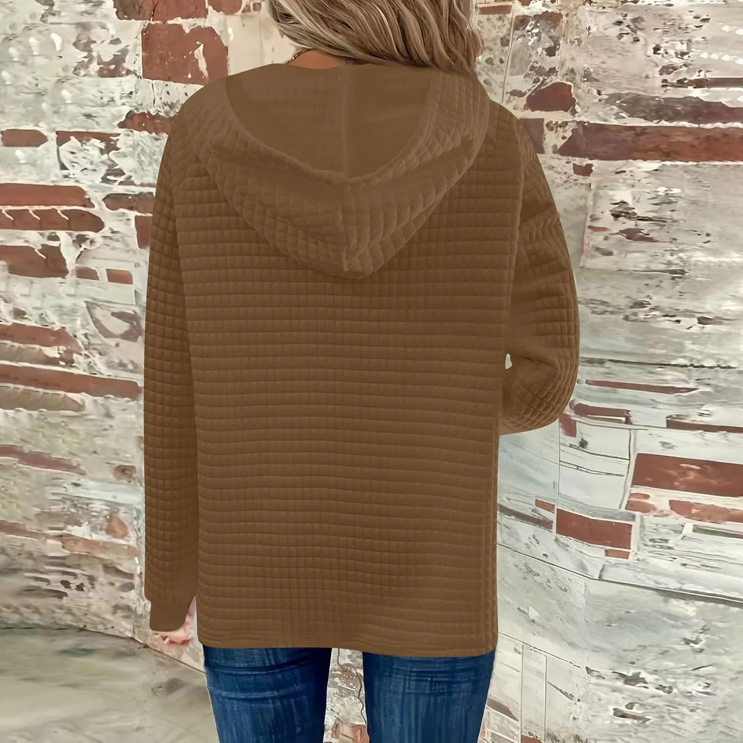 Hoodies For Women Waffle Knit Long Sleeve Shirts Drawstring Button V Neck Tops Fall Loose Fit Pullover Sweatshirt