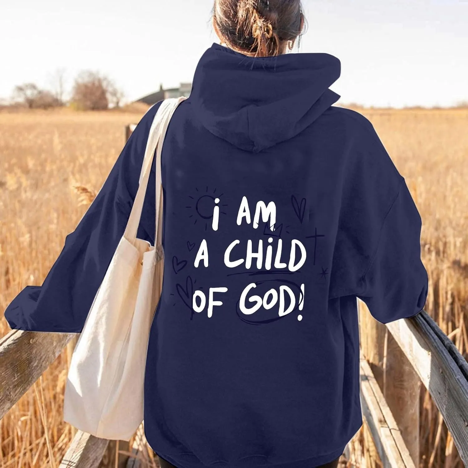 I Am A Child of God Sweatshirt for Women Trendy Letter Print Long Sleeve Hoodie Oversized Casual Drawstring Sweatshirts