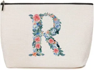 Initial Makeup Bag Monogrammed Travel Toiletry Bag Monogram Cosmetic Bag Birthday Christmas Bridal Shower Bridesmaid Gifts Personalized Gifts for Women Bride Teacher Sister Wife, Floral Letter R