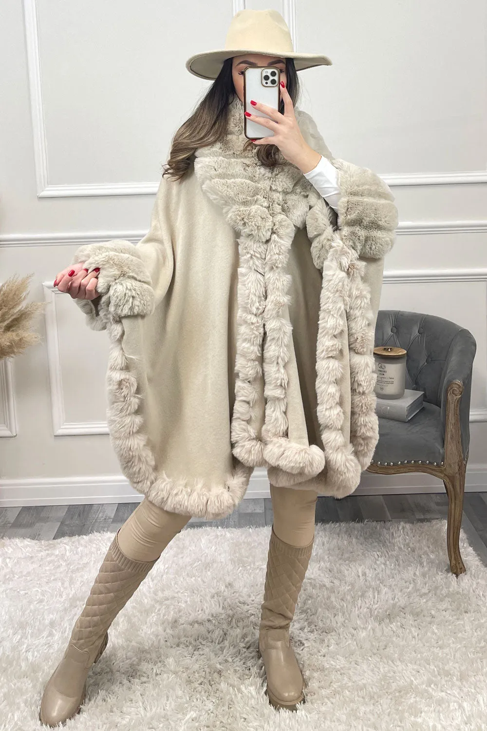 Janell Beige Faux Fur Trim Cape