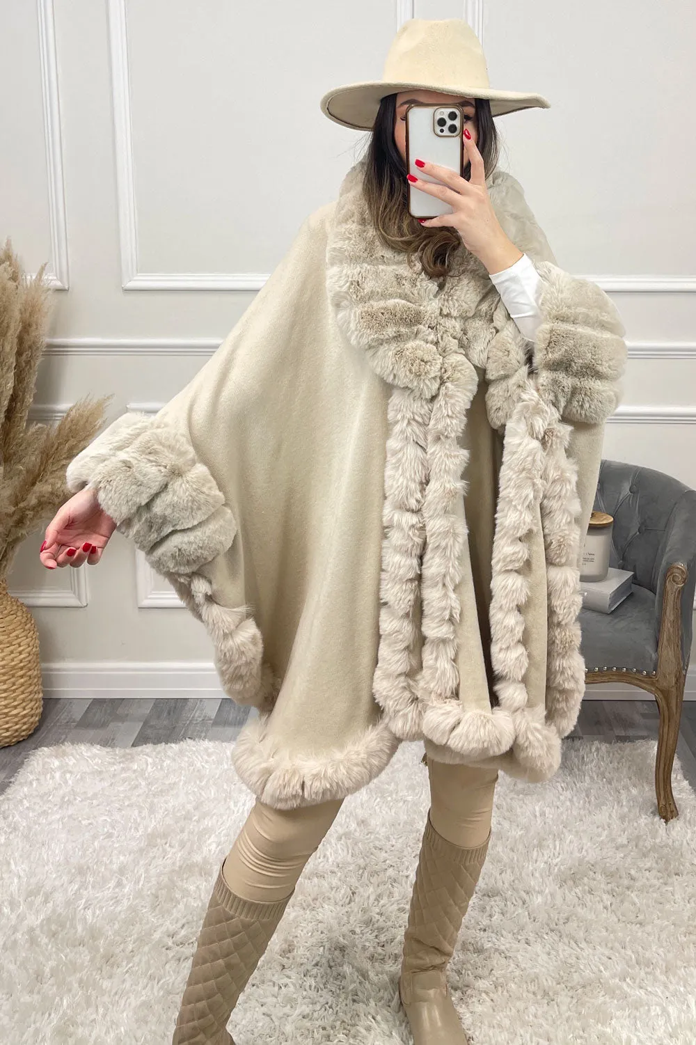 Janell Beige Faux Fur Trim Cape