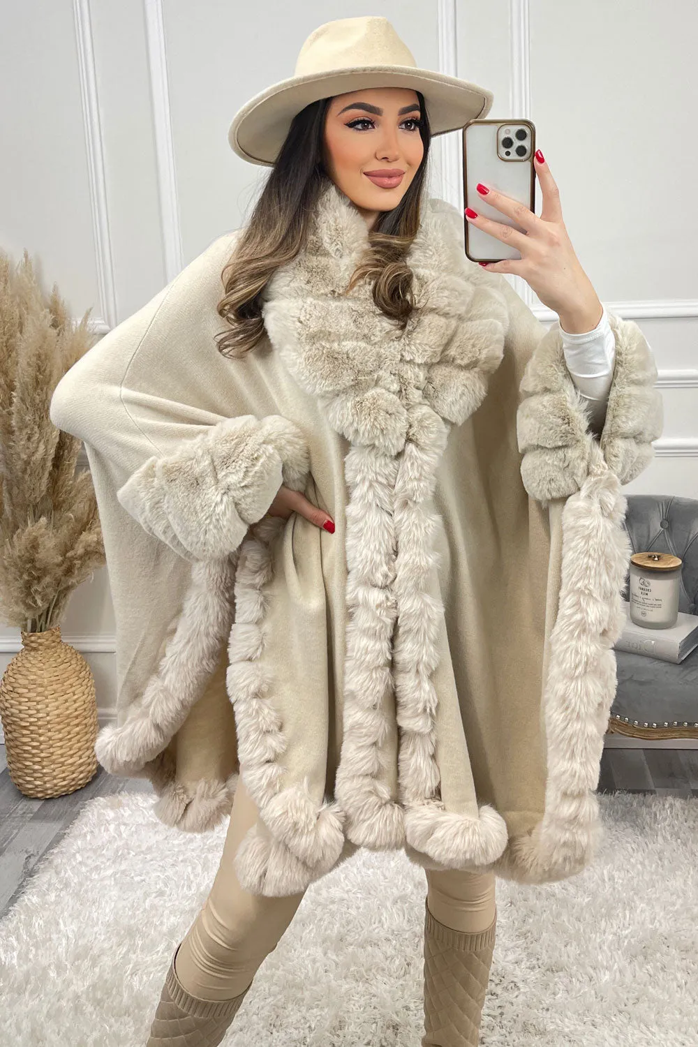 Janell Beige Faux Fur Trim Cape