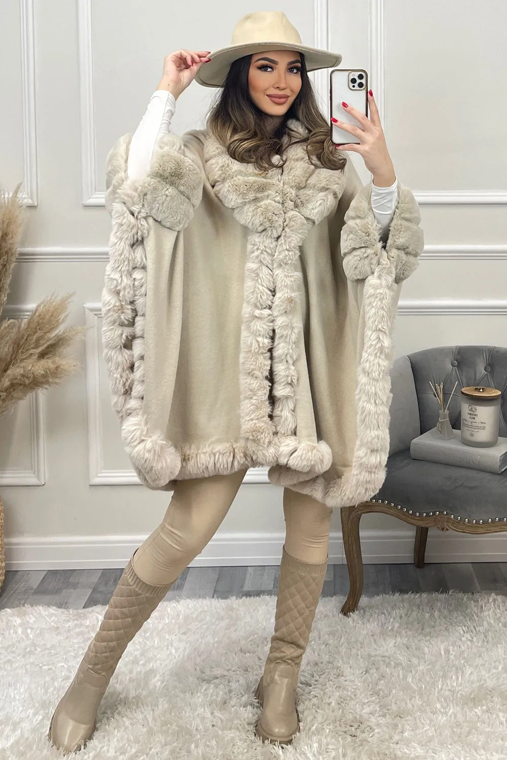 Janell Beige Faux Fur Trim Cape